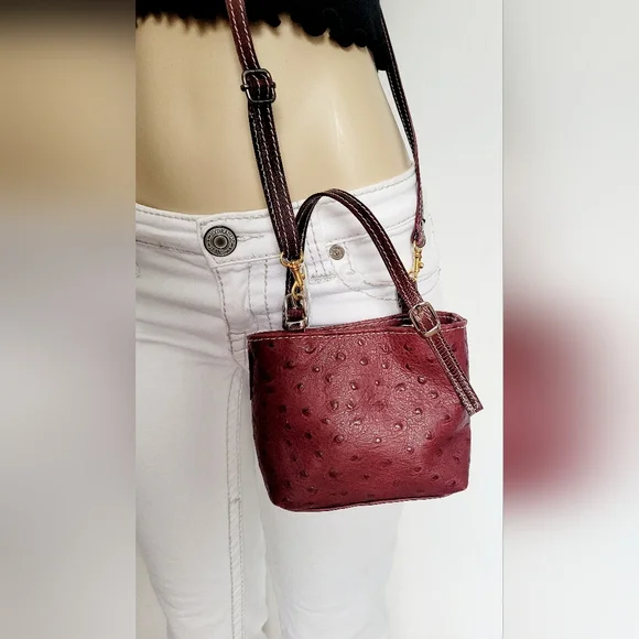 Cecconi Piero Burgundy Genuine Ostrich-Embossed Leather Mini Crossbody Bag 7"×6" - Picture 12 of 16